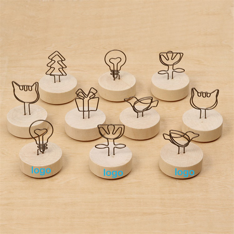 Promotional gift round wooden base memo clips desktop card holder