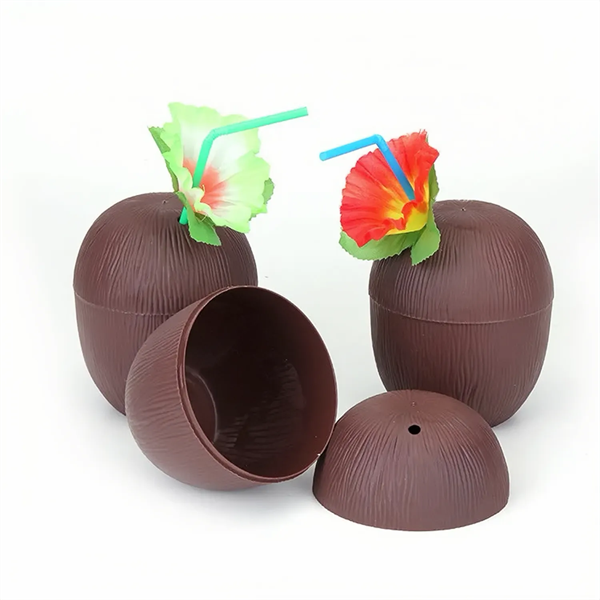 Hawaiian Themed Coconut Cups with Flower Straws & Twist Clos